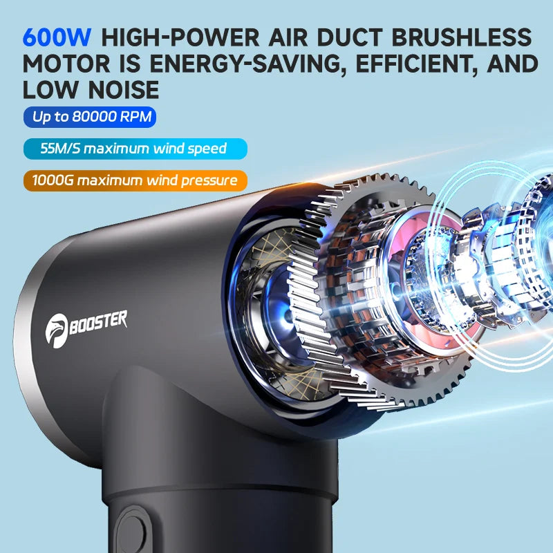 BOOSTER Turbo Dryer Blower for Car 4 Speeds 170 ft/s Wind Speed Car Dryer Air Blower 600W&50mm Large Diameter Ducted Brushless